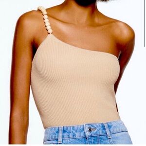 Zara Beige One-Shoulder Top